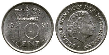 НИДЕРЛАНДЫ 10 ЦЕНТОВ 1961 ЮЛИАНА KM 182 никель 261-622
