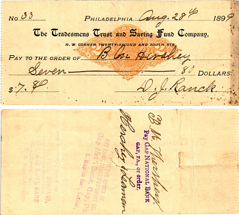 США чек на 7,80 долларов 1899 Филадельфия бумага 3295-30-3-2