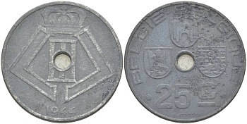 БЕЛЬГИЯ 25 САНТИМОВ 1944 BELGIE-BELGIQUE, ГЕРМАНСКАЯ ОККУПАЦИЯ, ВТОРАЯ МИРОВАЯ ВОЙНА KM 132 цинк 4546-211