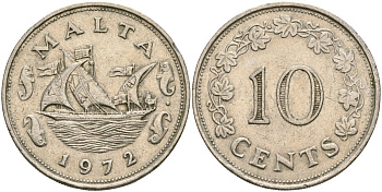 Мальта 10 центов 1972 баржа Великого магистра KM 11 медно-никель 4137-822