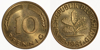 ФРГ 10 ПФЕННИГОВ 1981 F KM 108, J.383 сталь плакированная латунью 73-1634