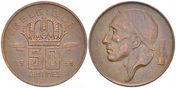 БЕЛЬГИЯ 50 САНТИМОВ 1953 BELGIQUE KM 144 бронза 3996-1228