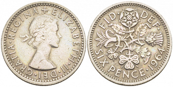 Великобритания 6 пенсов 1964 Елизавета II (1952-2022) KM 903, Spink 4149 медно-никель 3718-259