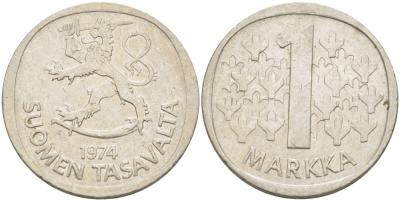 ФИНЛЯНДИЯ 1 МАРКА 1974 S KM 49а медно-никель 3718-1223