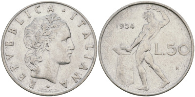 Италия 50 лир 1954 R, бог огня Вулкан у наковальни KM 95.1 нержавеющая сталь 4171-1011