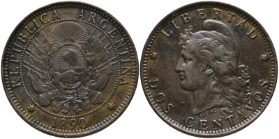 Аргентина 2 сентаво 1890 голова свободы влево KM 8 бронза 59-1316