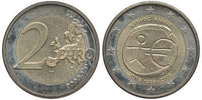 Кипр 2 евро 2009 10 лет монетарной политики ЕС (EMU) и введения евро KM 89 биметалл 4390-923