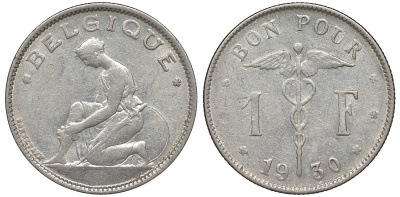 Бельгия 1 франк 1930 Belgique KM 89 никель 51-2057