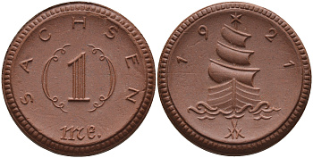 Саксония 1 марка 1921 парусник J. N 55 фарфор 1094-3-12