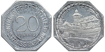 Германия, Нюрнберг - Фюрт 20 пфеннигов ND трамвайный жетон, ворота Вестнер алюминий UNC 4119-537