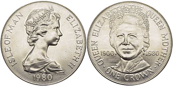 Остров Мэн 1 крона 1980 80 лет королеве Елизавете, королеве-матери KM 68 медно-никель UNC 107-524