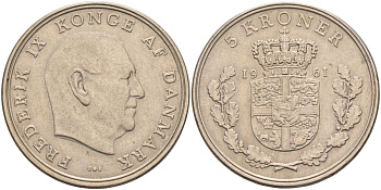 Дания 5 крон 1961 Фредерик IX (1947-1972) KM 853.1 медно-никель 4368-432