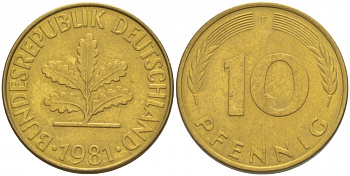 ФРГ 10 ПФЕННИГОВ 1981 F KM 108, J.383 сталь плакированная латунью 3996-643