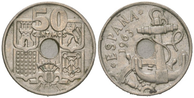 Испания 50 сантимов 1963 (65) Франсиско Франко (1939-1975), морская атрибутика KM 777 медно-никель aUNC 4618-415