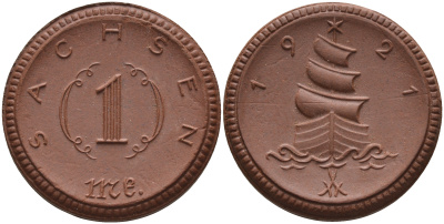 Саксония 1 марка 1921 парусник J. N 55 фарфор 1094-3-12