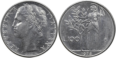 Италия 100 лир 1978 R, Афина в доспехах KM 96.1 нержавеющая сталь 4165-224