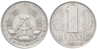 ГДР 1 пфенниг 1961 A KM 8.1 алюминий 4613-925