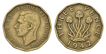Великобритания 3 пенса 1942 Георг VI (1936-1952) KM 849, Spink 4112 никель латунь 77-125