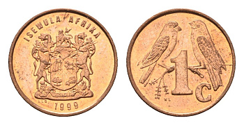 ЮАР 1 цент 1999 герб, капские воробьи KM 170 сталь плакированная медью UNC 4694-243