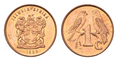 ЮАР 1 цент 1999 герб, капские воробьи KM 170 сталь плакированная медью UNC 4694-243