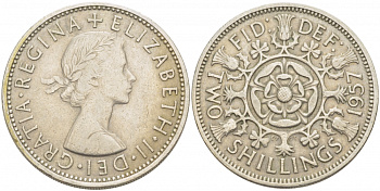 Великобритания 2 шиллинга (флорин) 1957 Елизавета II (1952-2022) KM 906, Spink 4146 медно-никель 215-225