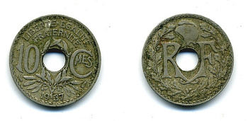 ФРАНЦИЯ 10 САНТИМОВ 1937 ТИП ЛИНДАЙЁ KM 866а медно-никель 84-348