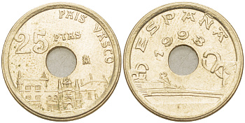 ИСПАНИЯ 25 ПЕСЕТ 1993 СТРАНА БАСКОВ (PAIS VASCO) , ХУАН КАРЛОС I ( 1975-) KM 9 20 никель бронза 216-732