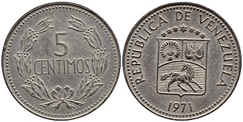 Венесуэла 5 сентимо 1971 KM 38.3 медно-никель 4392-926