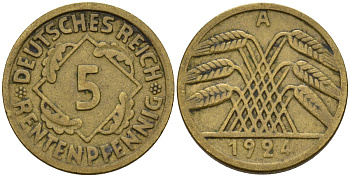 Германия 5 рентенпфеннигов 1924 A KM 32, J. 308 алюминиевая бронза 4151-654