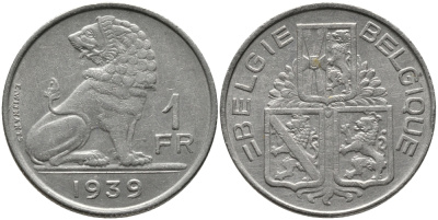 БЕЛЬГИЯ 1 ФРАНК 1939 BELGIE-BELGIQUE KM 120 никель 4385-833