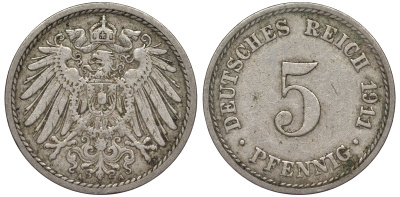 Германия 5 пфеннигов 1911 A KM 11, J. 12, Weege 6 медно-никель 25-1857