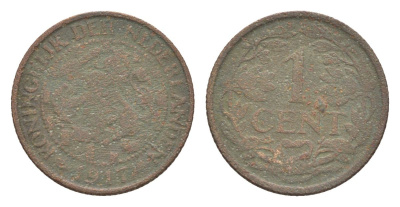 Нидерланды 1 цент 1917 Вильгельмина (1890-1948) KM 152 бронза 75-429