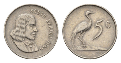 ЮАР 5 центов 1966 Ян ван Рибек (1619-1677), South Africa, легенда на англинском, райский журавль KM 67.1 медно-никель 4694-369