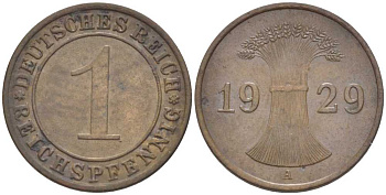 ГЕРМАНИЯ 1 РЕЙХСПФЕННИГ 1929 A KM 37, J. 313, Weege 2 бронза 206-831
