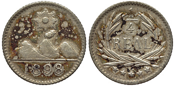 Гватемала 1/4 реала 1898 5 звезд, Испанское правление KM 162 серебро 4528-141