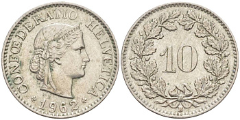 ШВЕЙЦАРИЯ 10 РАППЕНОВ 1962 В KM 27 медно-никель 55-335