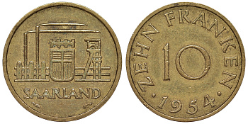 Саарланд 10 франков 1954 индустрия KM 1 алюминиевая бронза 4119-854
