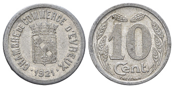 Франция, Эврё 10 сантимов 1921 диаметр 23 мм, вес 1,3 гр Elie mon 10.2 алюминий 4126-1116