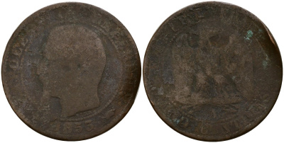 Франция 5 сантимов 1855 A, Наполеон III (1852-1870) KM 777.1, Le Franc 116.16 бронза 4187-1024