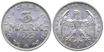 Германия 3 марки 1922 А, третья годовщина Веймарской Конституции KM 29, J. 303 алюминий 4380-744