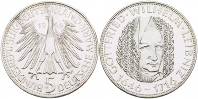 ФРГ 5 марок 1966 D, 250 лет со дня смерти Готфрида Вильгельма Лейбница J. 394, KM 119.1 серебро UNC 650-1244