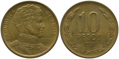 Чили 10 песо 1991 So KM 228.2, Schon 82 алюминиевая бронза 4544-445