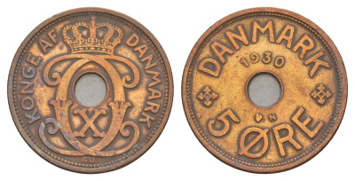 Дания 5 эре 1930 N, Кристиан X (1912-1947) KM 828 бронза 4657-247