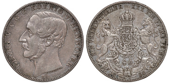 Брауншвейг-Каленберг-Ганновер 1 талер 1860 В, Георг V (1851-1866) КМ 230, AKS 144, Dav. 682, Kahnt 239, Thun 174 серебро 413-4522