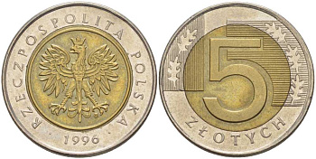 Польша 5 злотых 1996 MW KM 284 биметалл 93-453