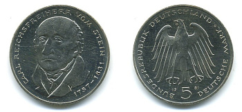 ФРГ 5 марок 1981 G, 150 лет со дня смерти Карла фон Штейна KM 155, J. 430 медно-никель плакированный никелем UNC 71-1655