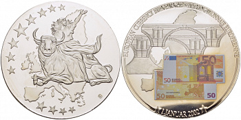 НИДЕРЛАНДЫ МЕДАЛЬ 2002 ПОХИЩЕНИЕ ЕВРОПЫ, КУПЮРА 50 ЕВРО, СЕРЕБРЕНИЕ, ЦВЕТНАЯ ЭМАЛЬ, ДИАМЕТР 50 ММ. ВЕС 54 ГР. медно-никель PROOF 01-237-32
