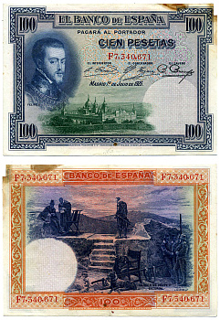 Испания 100 песет 1936 1 июля 1925, ВЫПУСК 1936 ГОДА, серия F Pick 69c бумага XF 8603-14-2-2