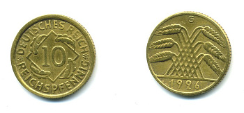 ГЕРМАНИЯ 10 РЕЙХСПФЕННИГОВ 1926 G KM 40, J. 317, Weege 9 алюминиевая бронза 23-811