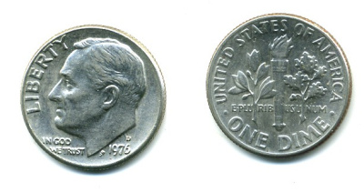 США 10 ЦЕНТОВ = 1 ДАЙМ 1976 D, РУЗВЕЛЬТ KM 195а медь плакированная медно-никелем 54-342